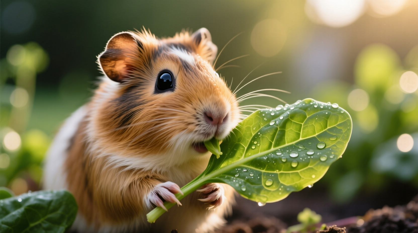 Guinea pig cautiously nibbling spinach leaf