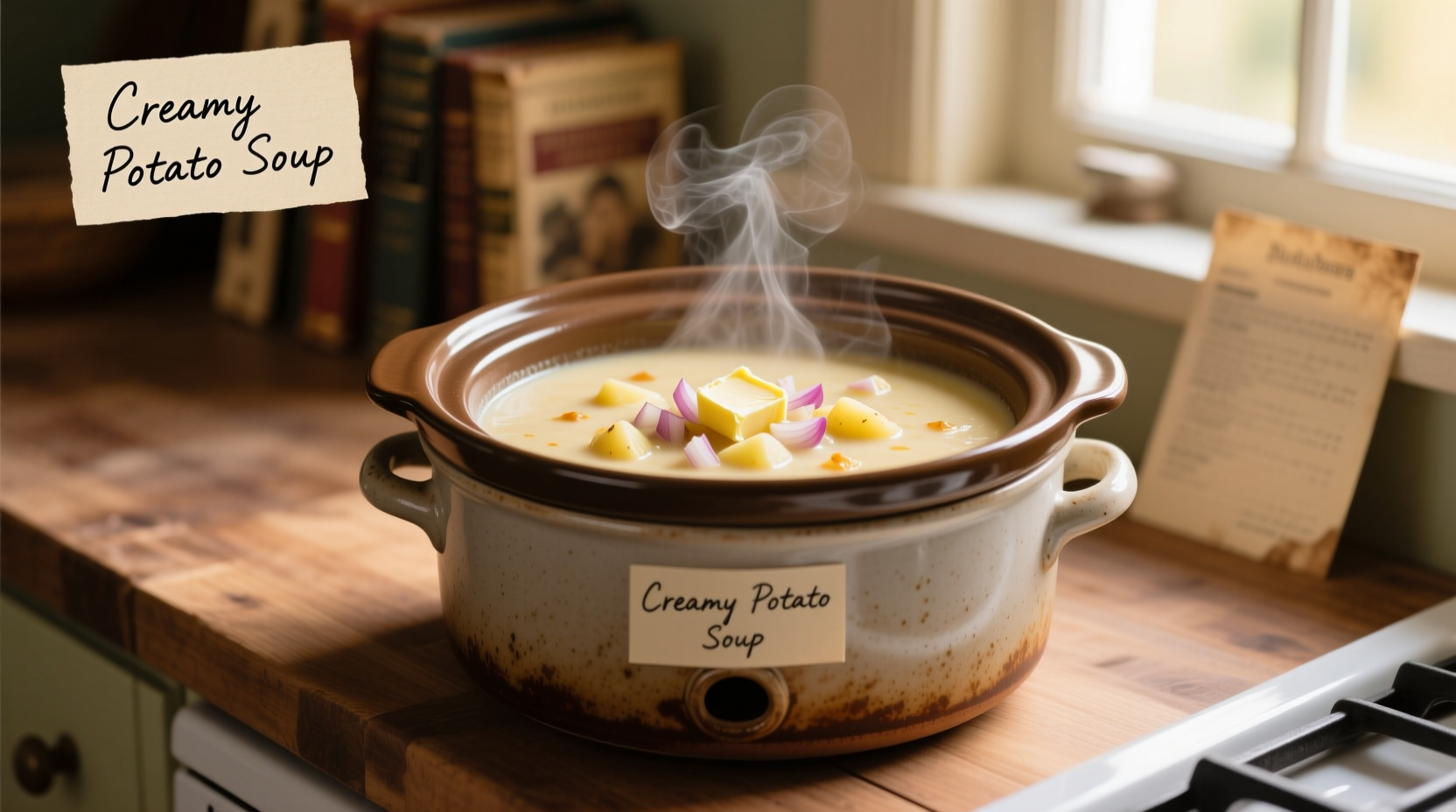 Slow cooker filled with creamy potato soup
