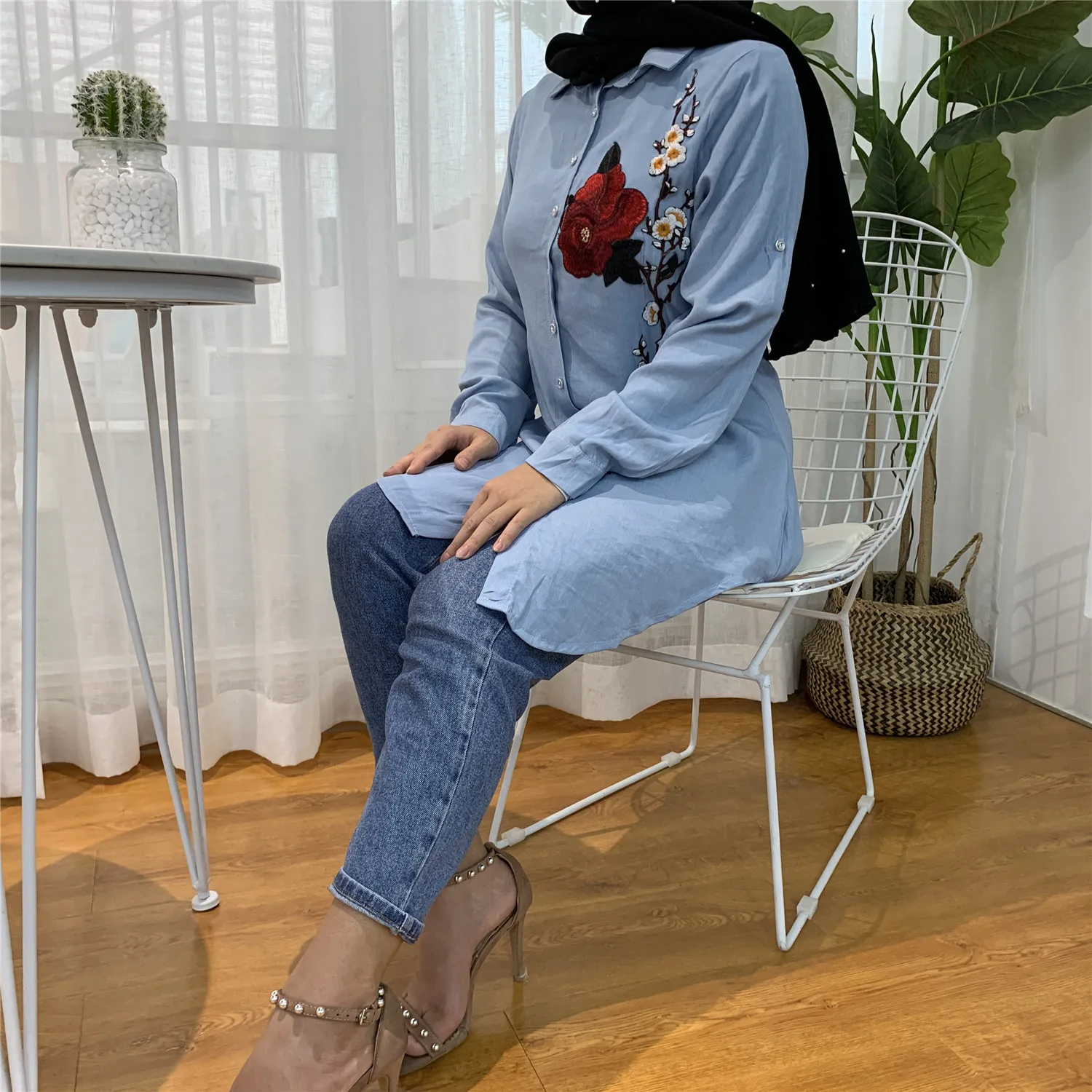 2055#Casual Muslim Shirt Blue Blouses With Flora - CHAOMENG MUSLIM SHOP