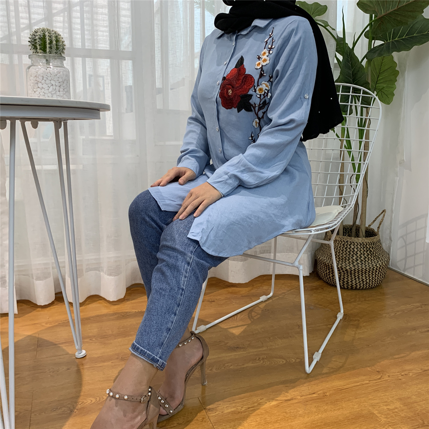 2055#Casual Muslim Shirt Blue Blouses With Flora - CHAOMENG MUSLIM SHOP