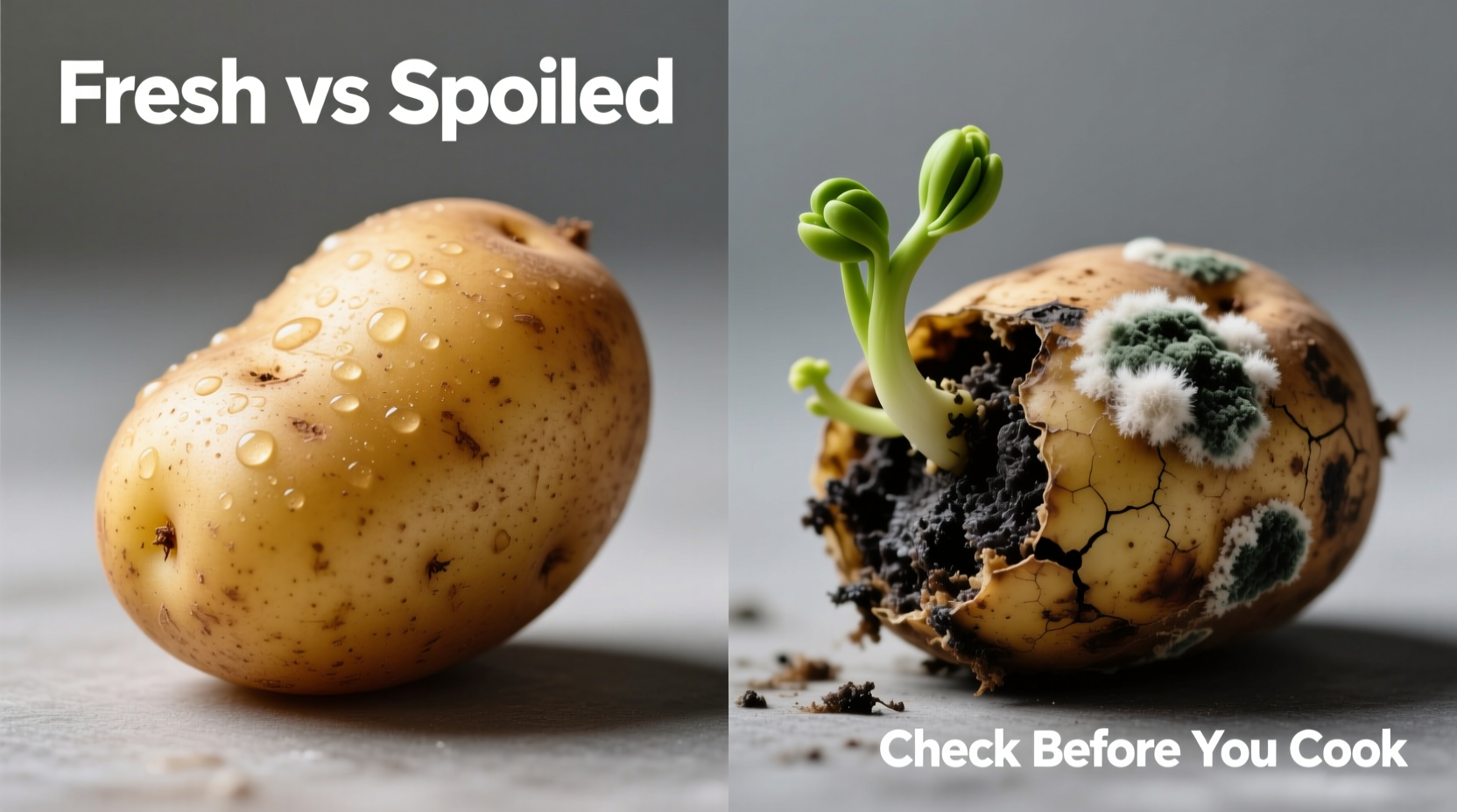 Close-up of fresh versus spoiled potatoes showing visual differences