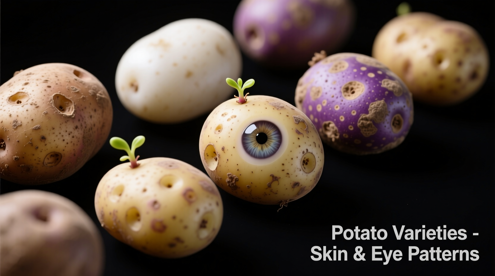 Close-up of different potato varieties showing skin texture and eye patterns