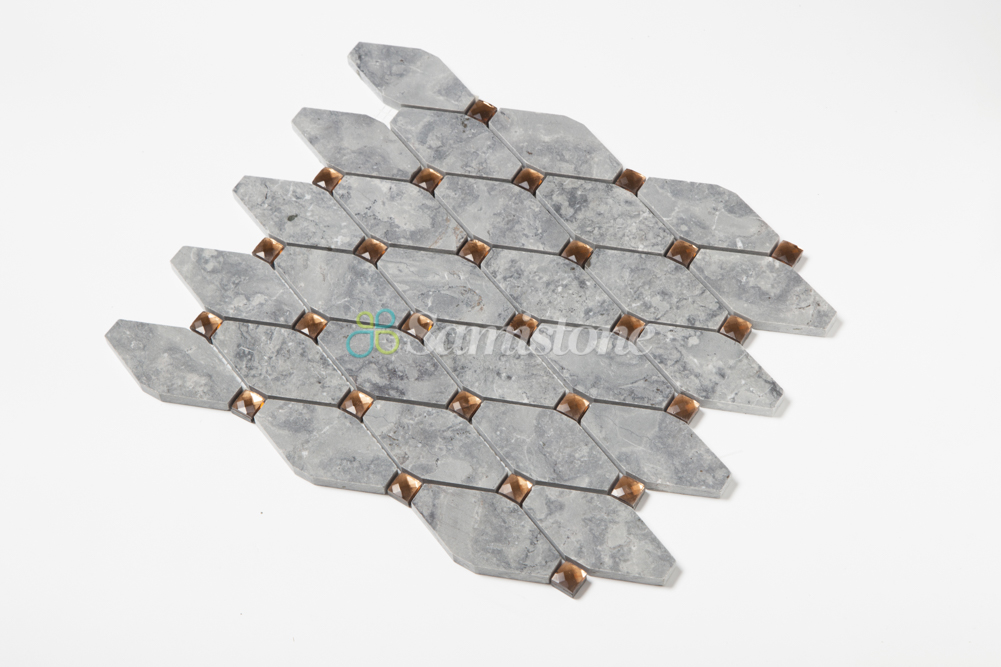 Samistone Babylon Grey Diamond Mirror Glass Long Octagon Marble Mosaic Tiles