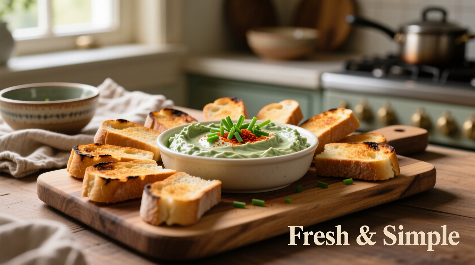 Creamy spinach dip served with toasted bread slices