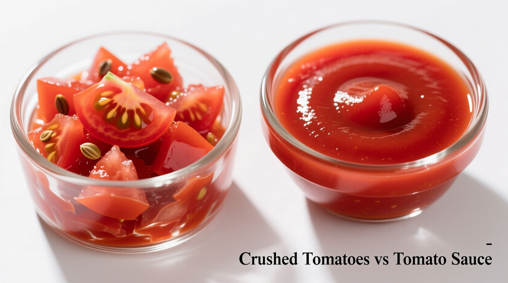 Close-up comparison of crushed tomatoes and tomato sauce in clear glasses