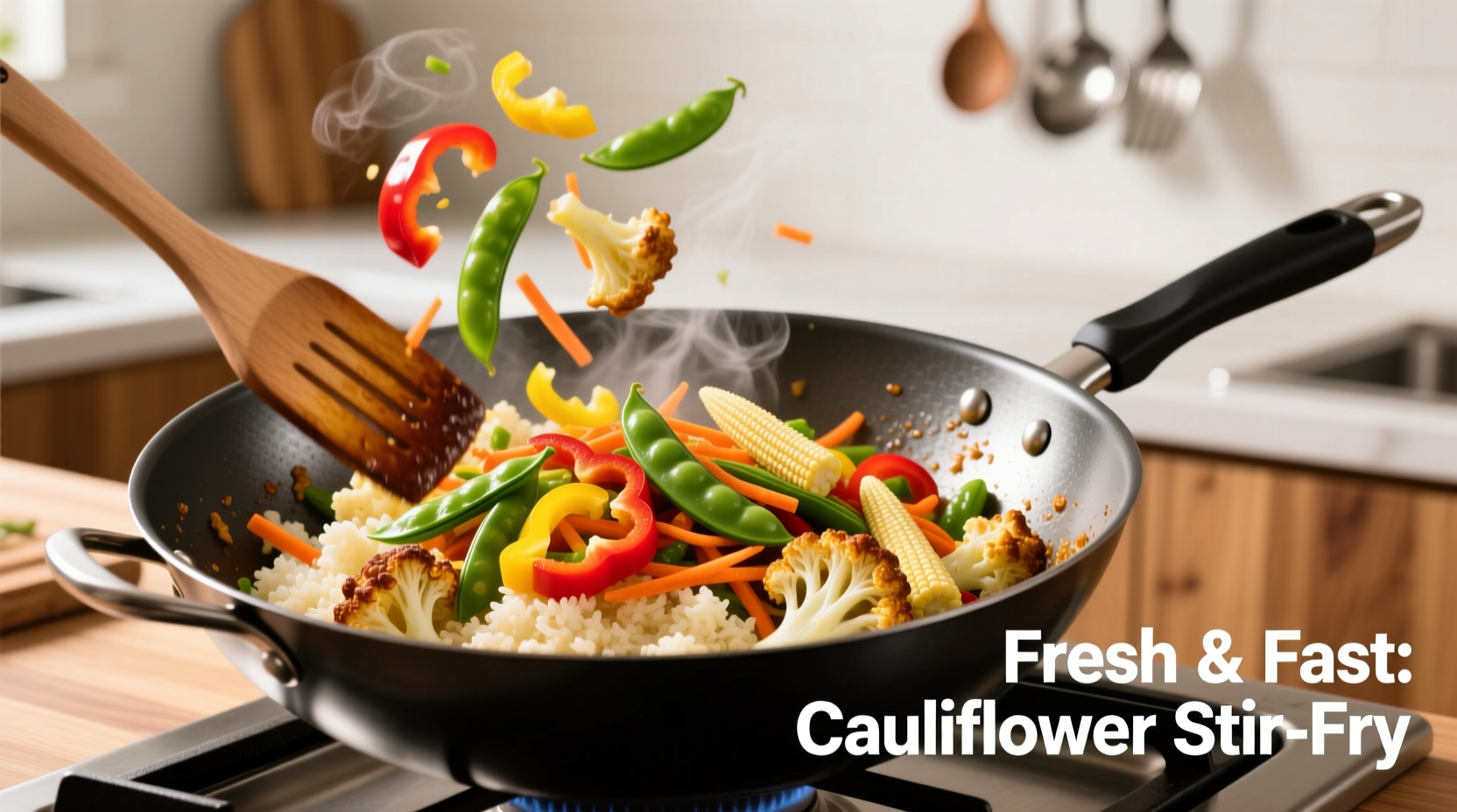 Fresh riced cauliflower in wok with colorful vegetables