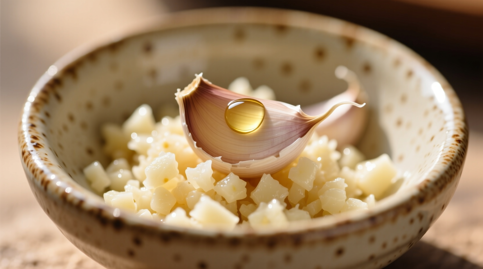 Fresh minced garlic in a small ceramic bowl