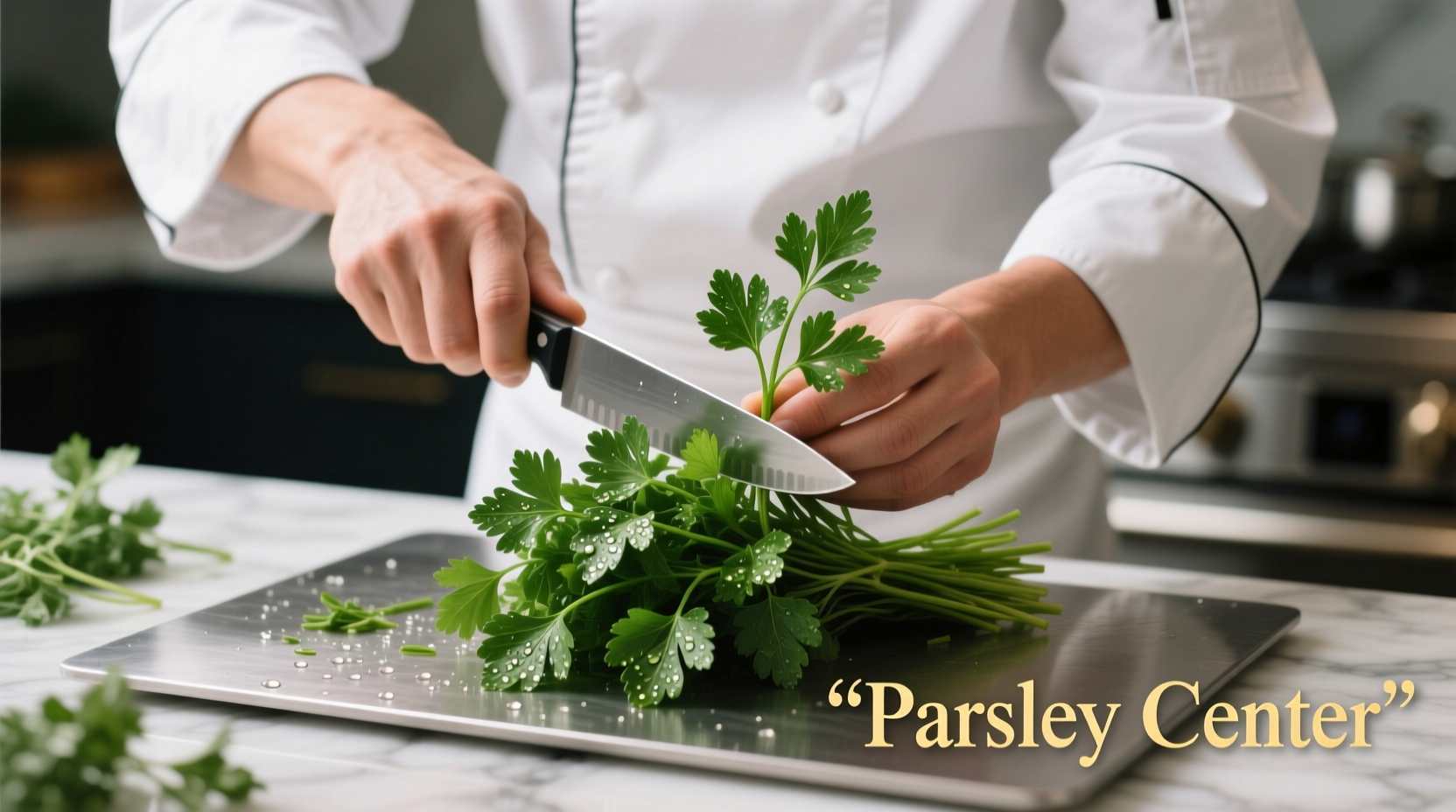 Chef preparing parsley center for culinary use