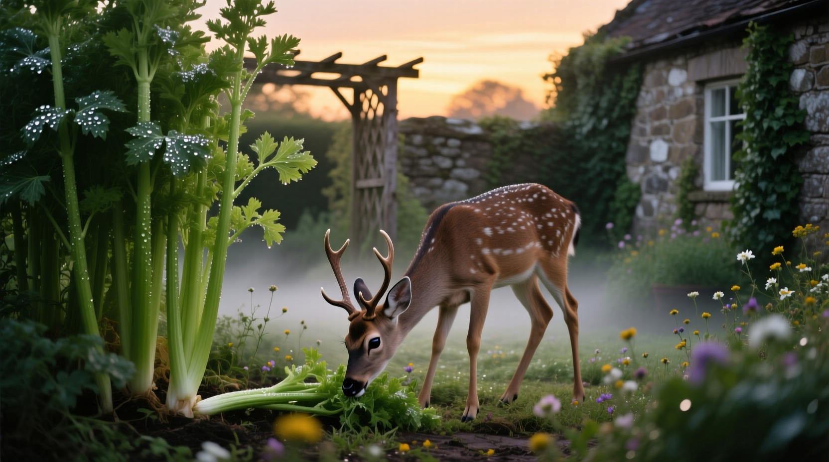 Deer browsing in a garden with celery plants at dusk