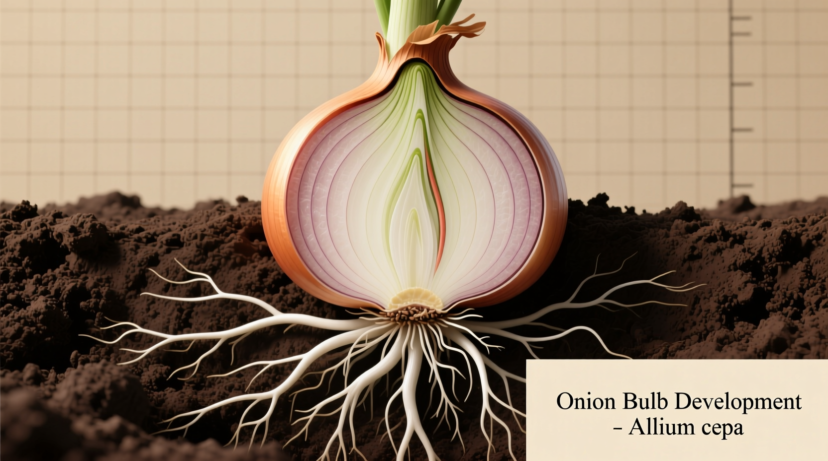 Onion plant showing bulb development underground