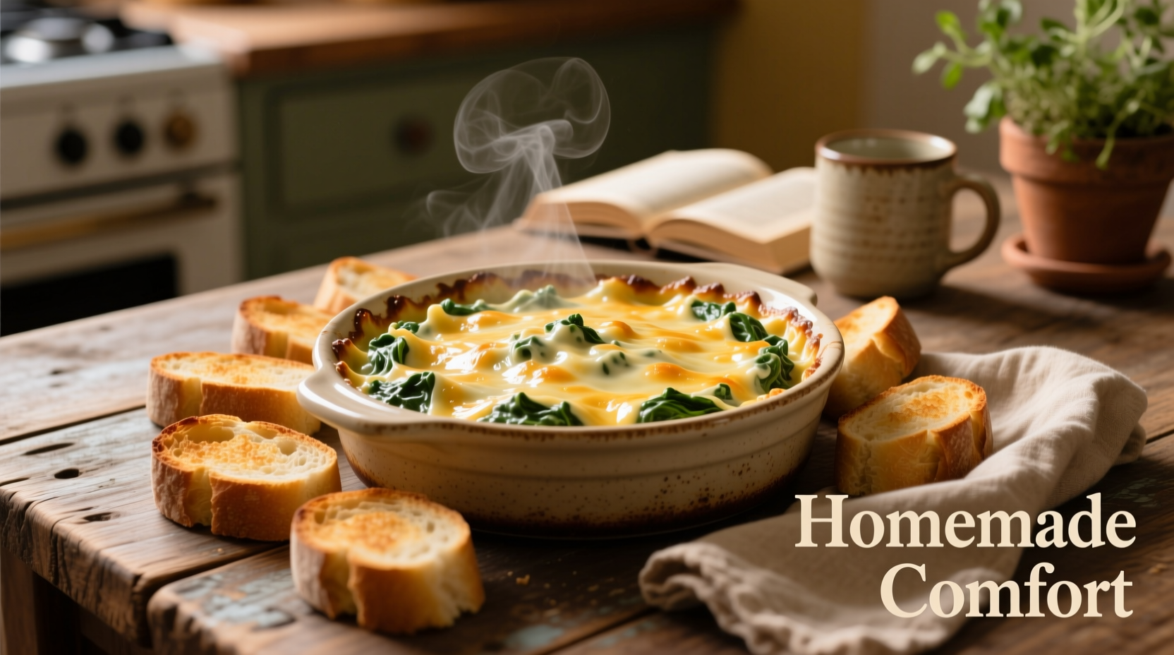 Creamy spinach artichoke dip in baking dish with bread slices
