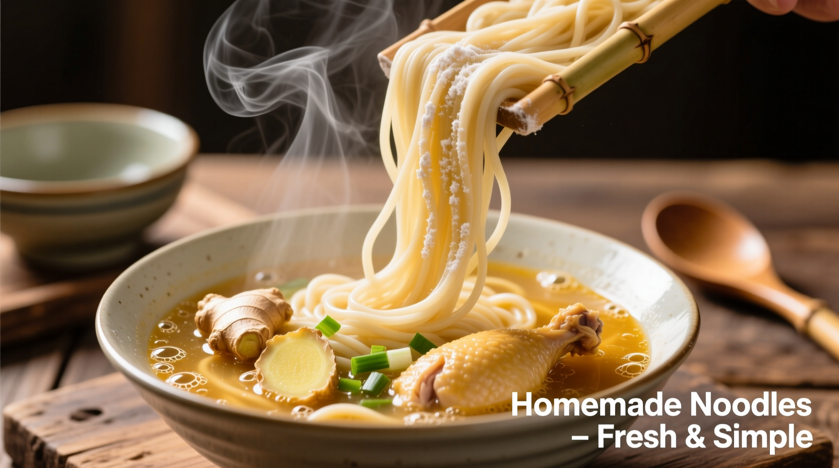Freshly cut homemade noodles being added to steaming chicken soup