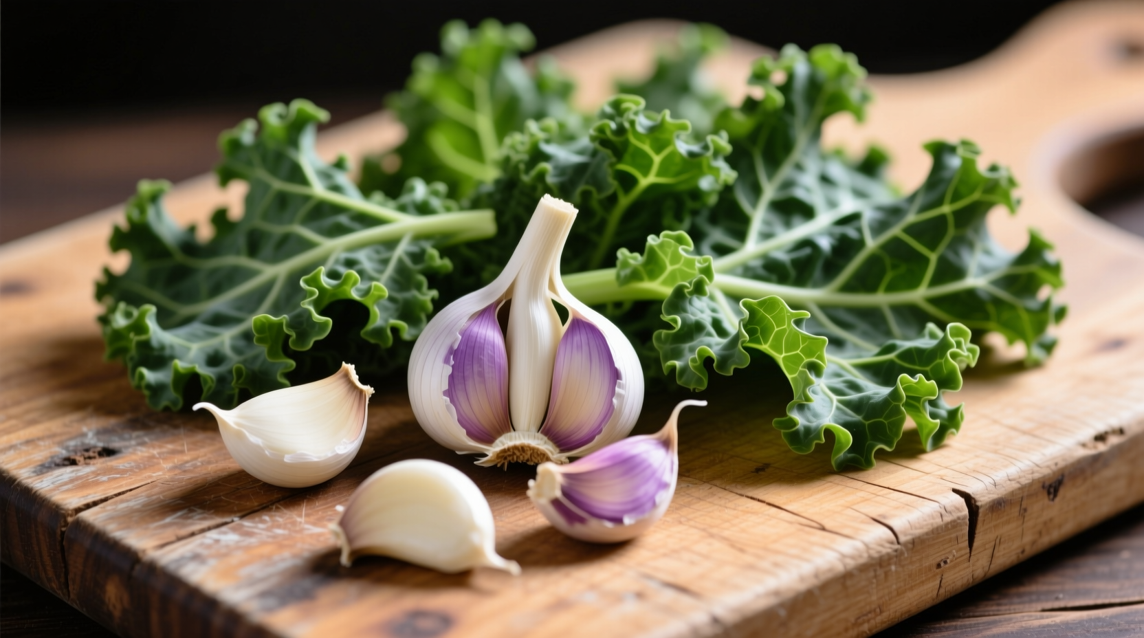 Fresh garlic cloves and kale leaves on wooden cutting board