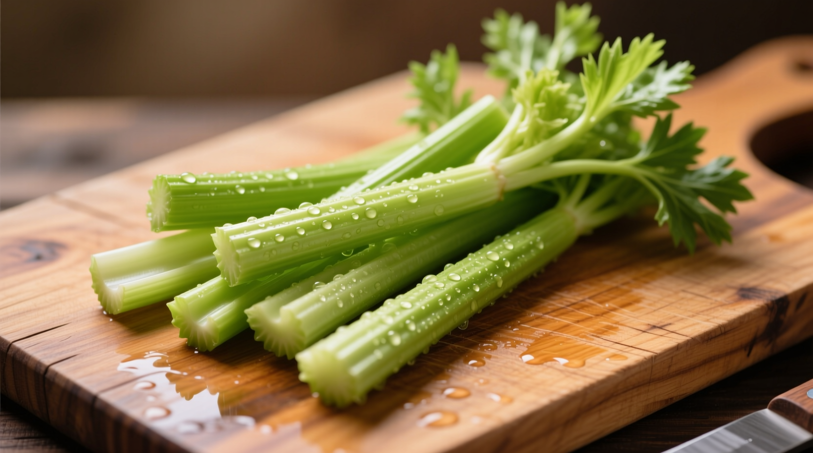 Fresh celery sticks on wooden cutting board