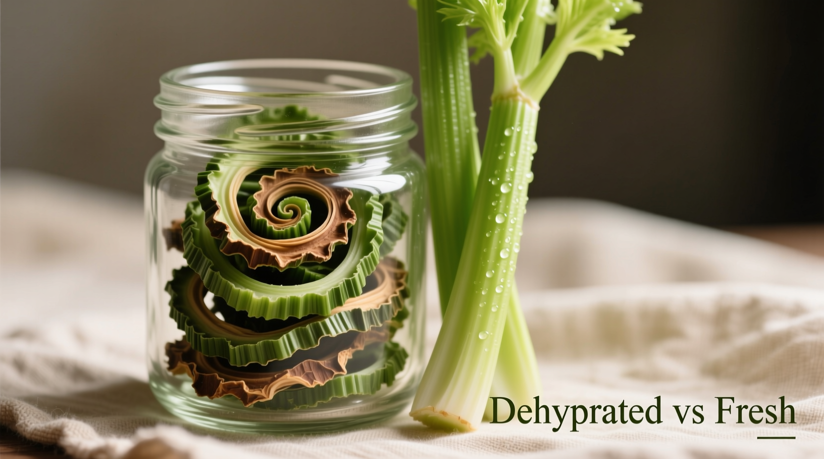 Dehydrated celery slices in glass jar with fresh celery
