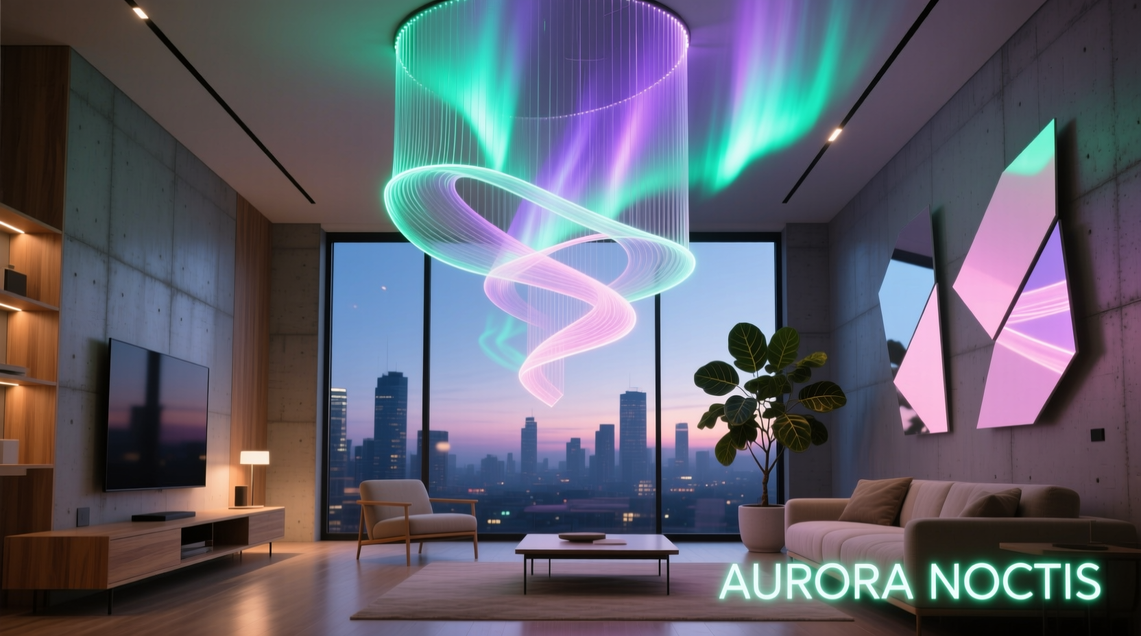 Completed urban aurora installation glowing in city apartment