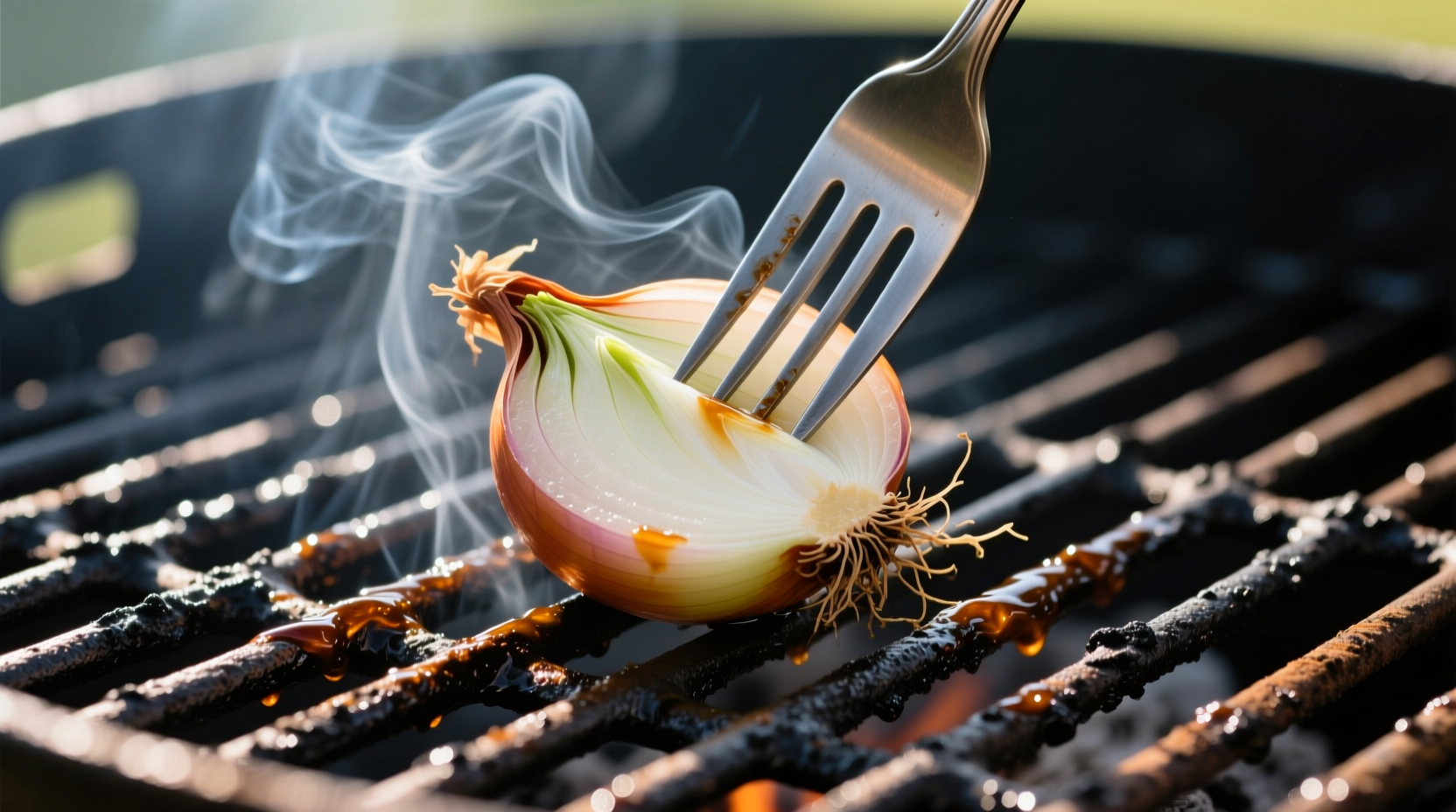 Cut onion secured on fork cleaning grill grates