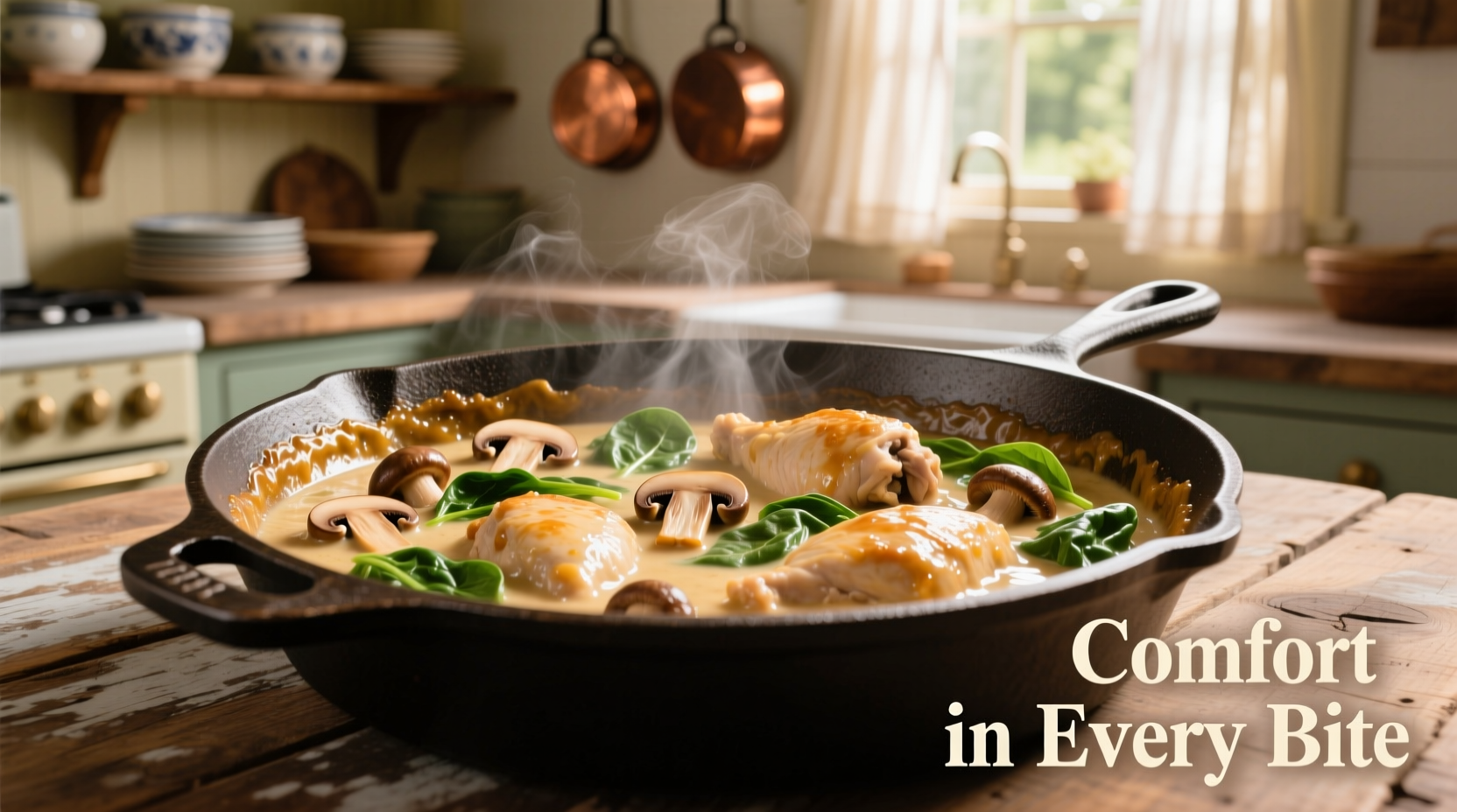 Creamy chicken mushroom spinach in cast iron skillet
