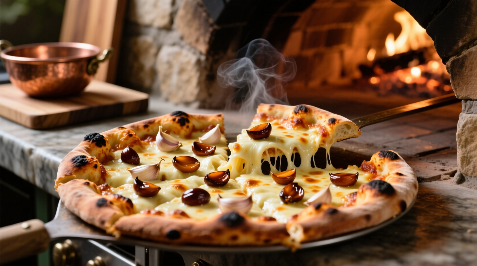 Freshly baked garlic pizza with melted cheese and caramelized garlic