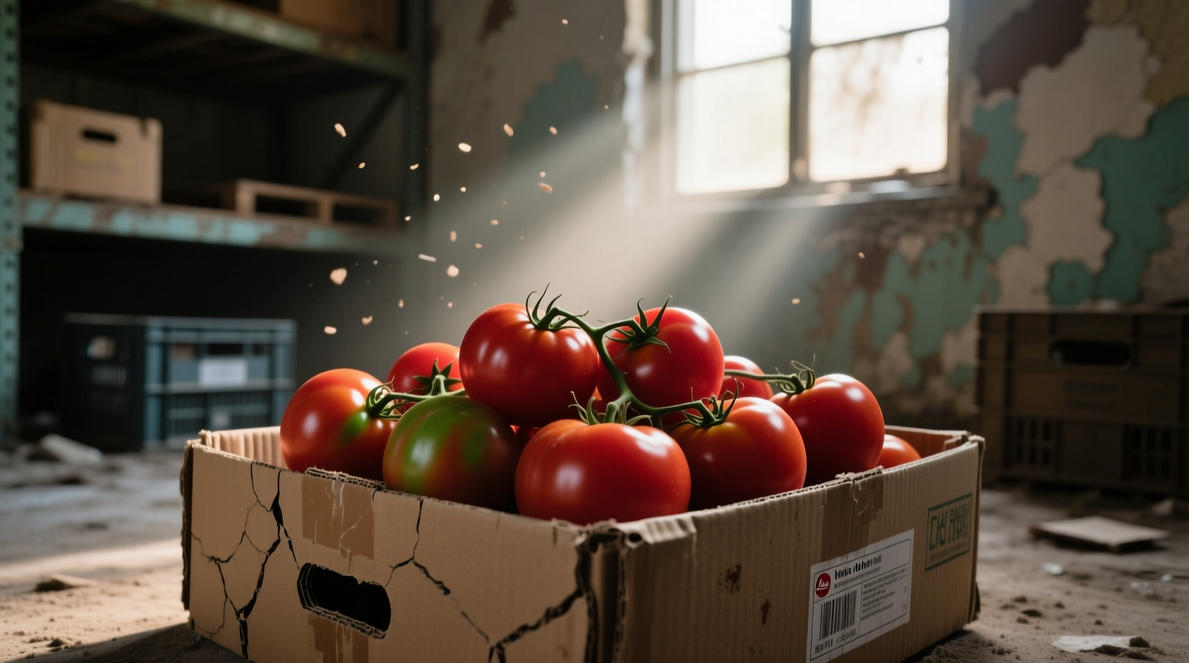 Tomatoes ripening on cardboard in dark room