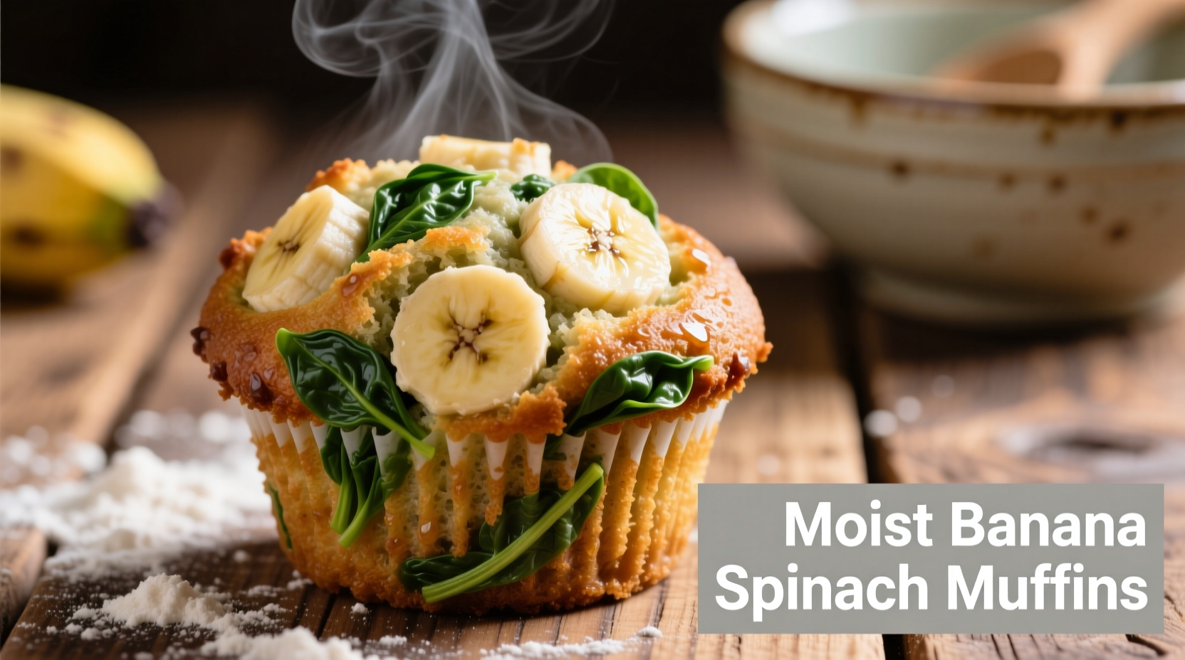 Moist banana spinach muffins with visible banana chunks