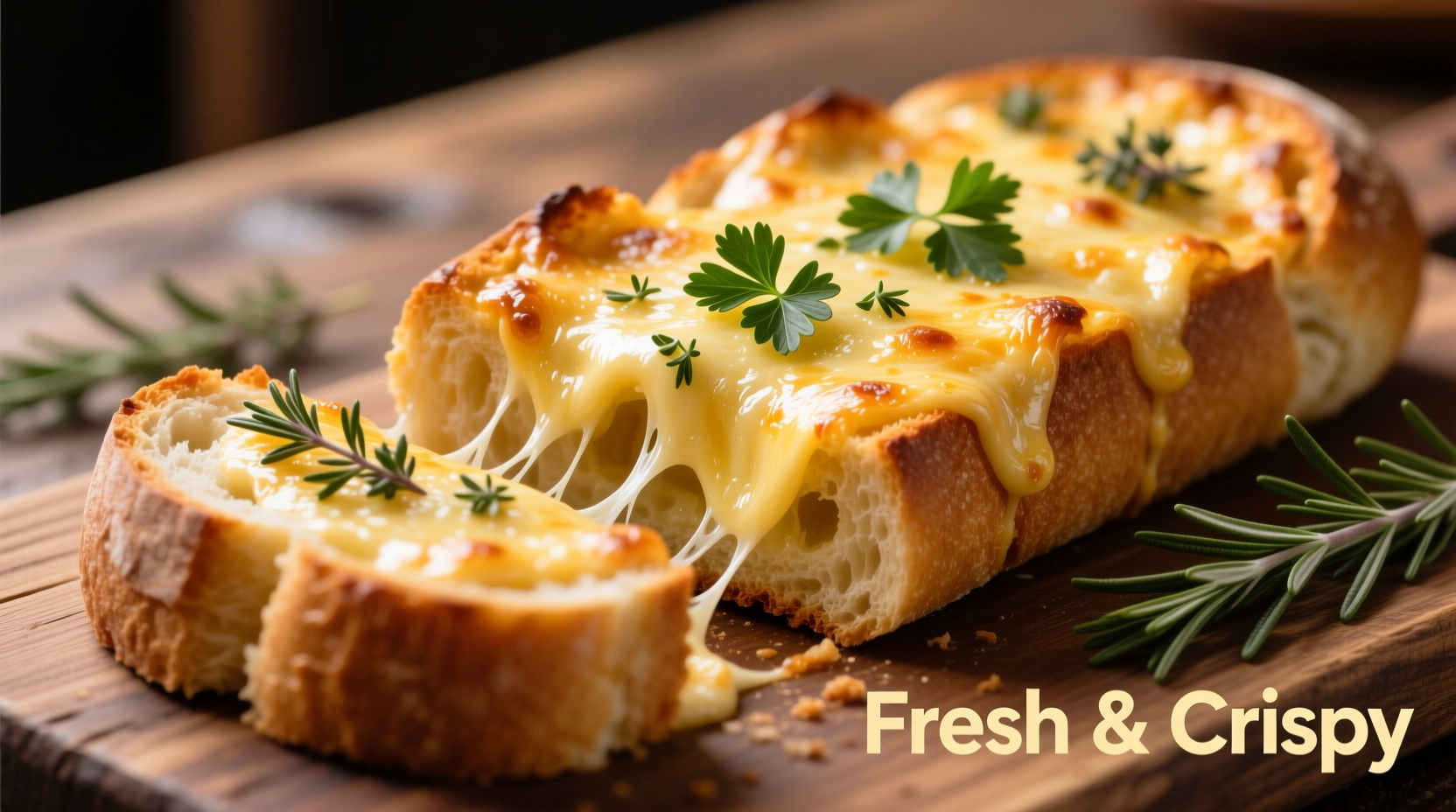 Golden cheesy garlic bread with melted cheese and herbs