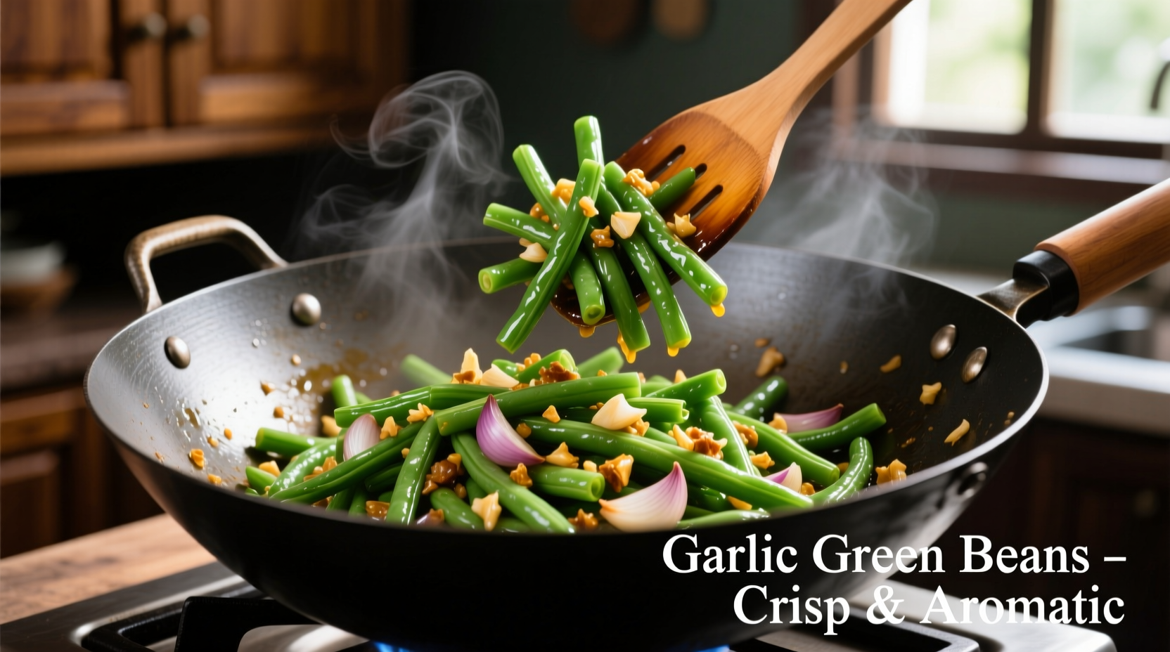 Crisp stir fried garlic green beans in wok