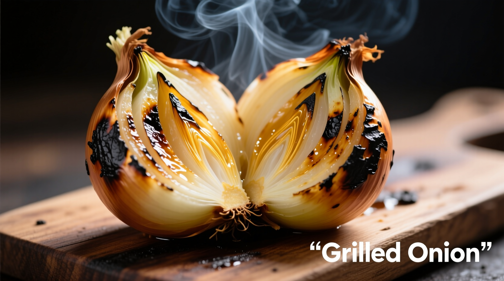 Whole grilled onion with charred exterior and golden interior