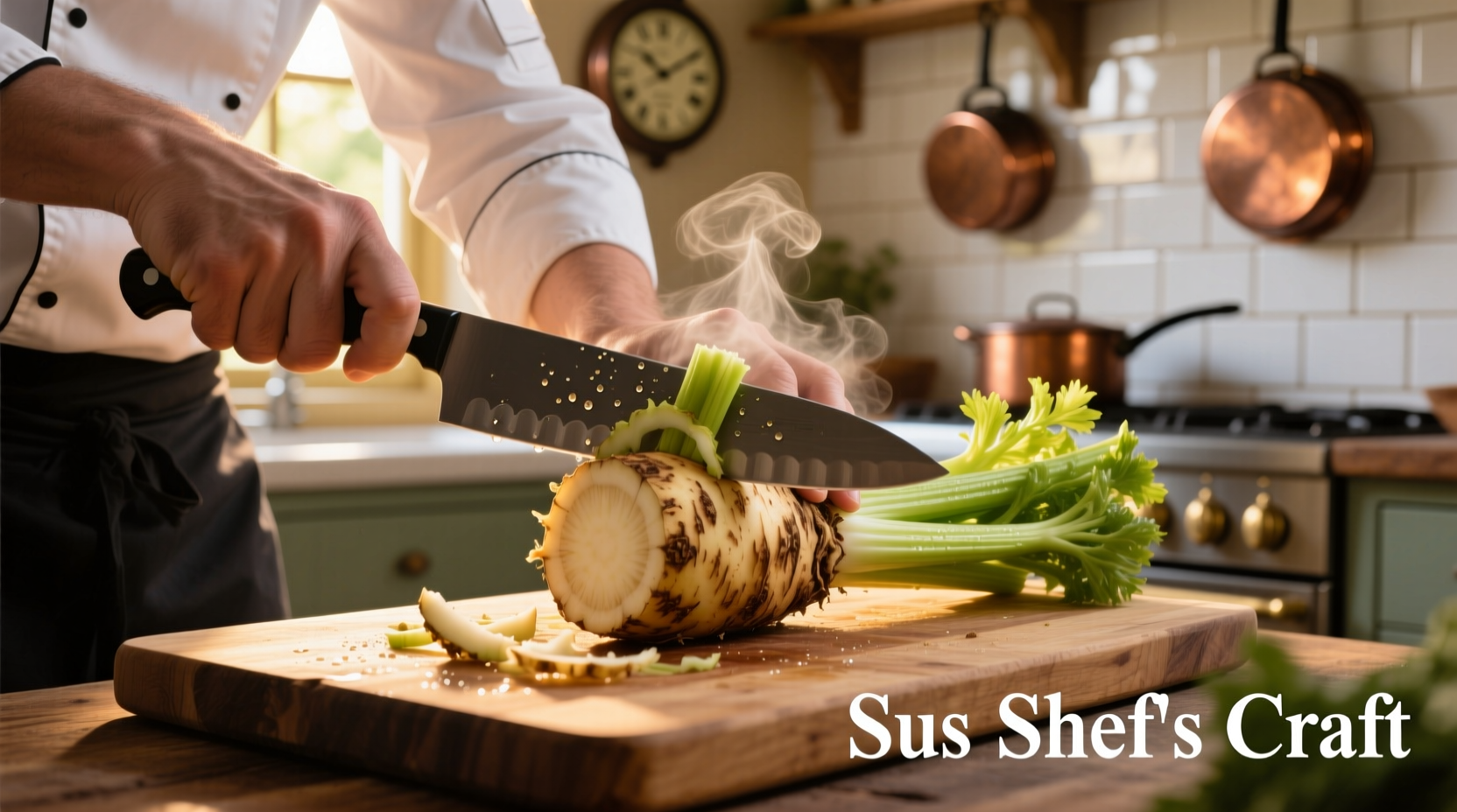 Chef preparing celery root with knife and cutting board