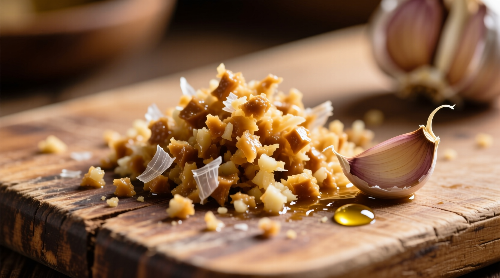 Close-up of freshly minced garlic on cutting board