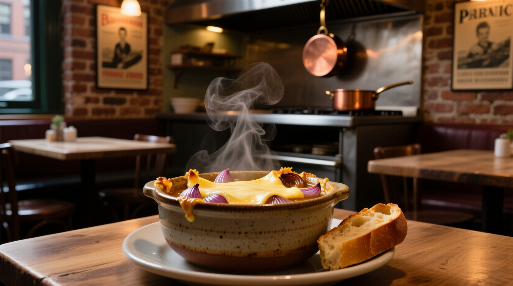 Authentic French onion soup with melted cheese in NYC restaurant