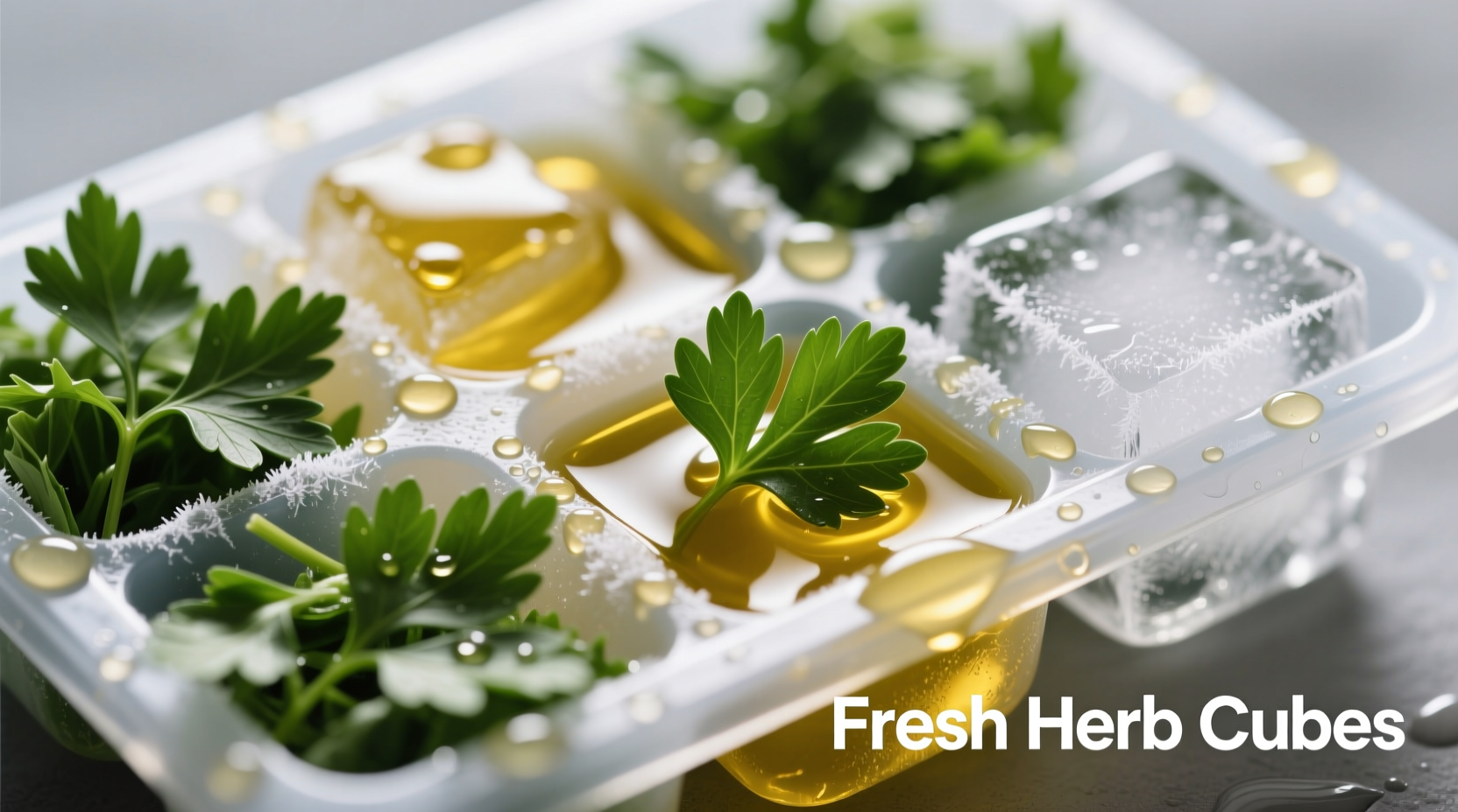Chopped parsley in ice cube tray with olive oil