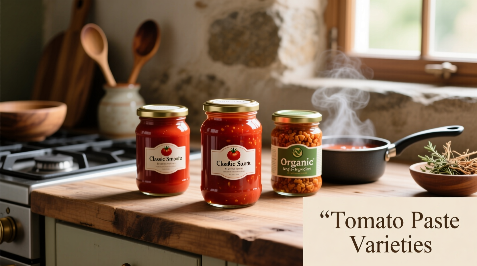 Tomato paste varieties arranged on kitchen counter