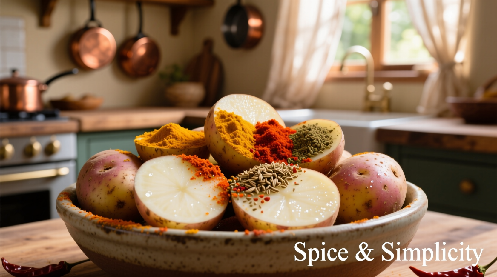 Freshly cut potatoes being seasoned with colorful spice blends