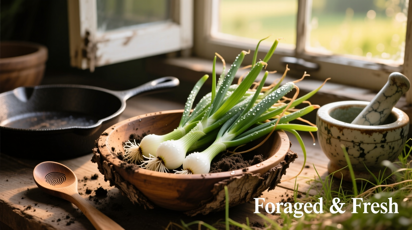 Wild onions fresh from foraging with cooking utensils