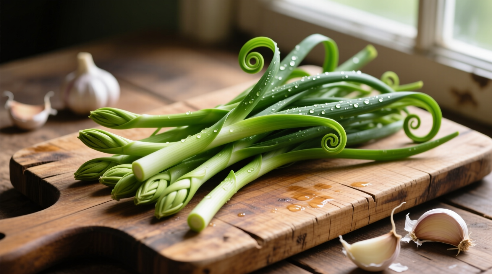 Fresh garlic scapes arranged on wooden cutting board