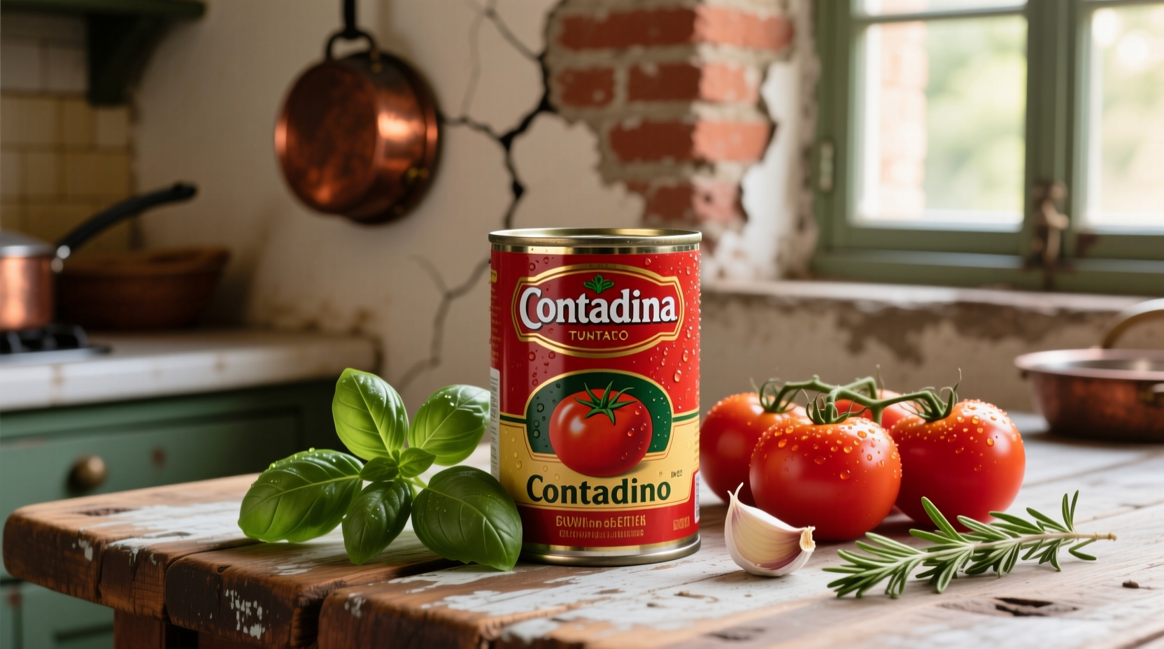 Contadina tomato sauce can next to fresh ingredients