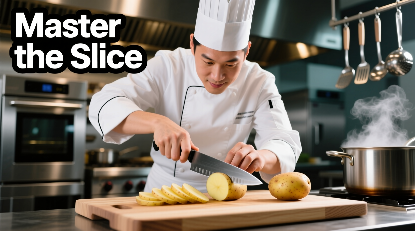 Professional chef demonstrating proper potato cutting technique