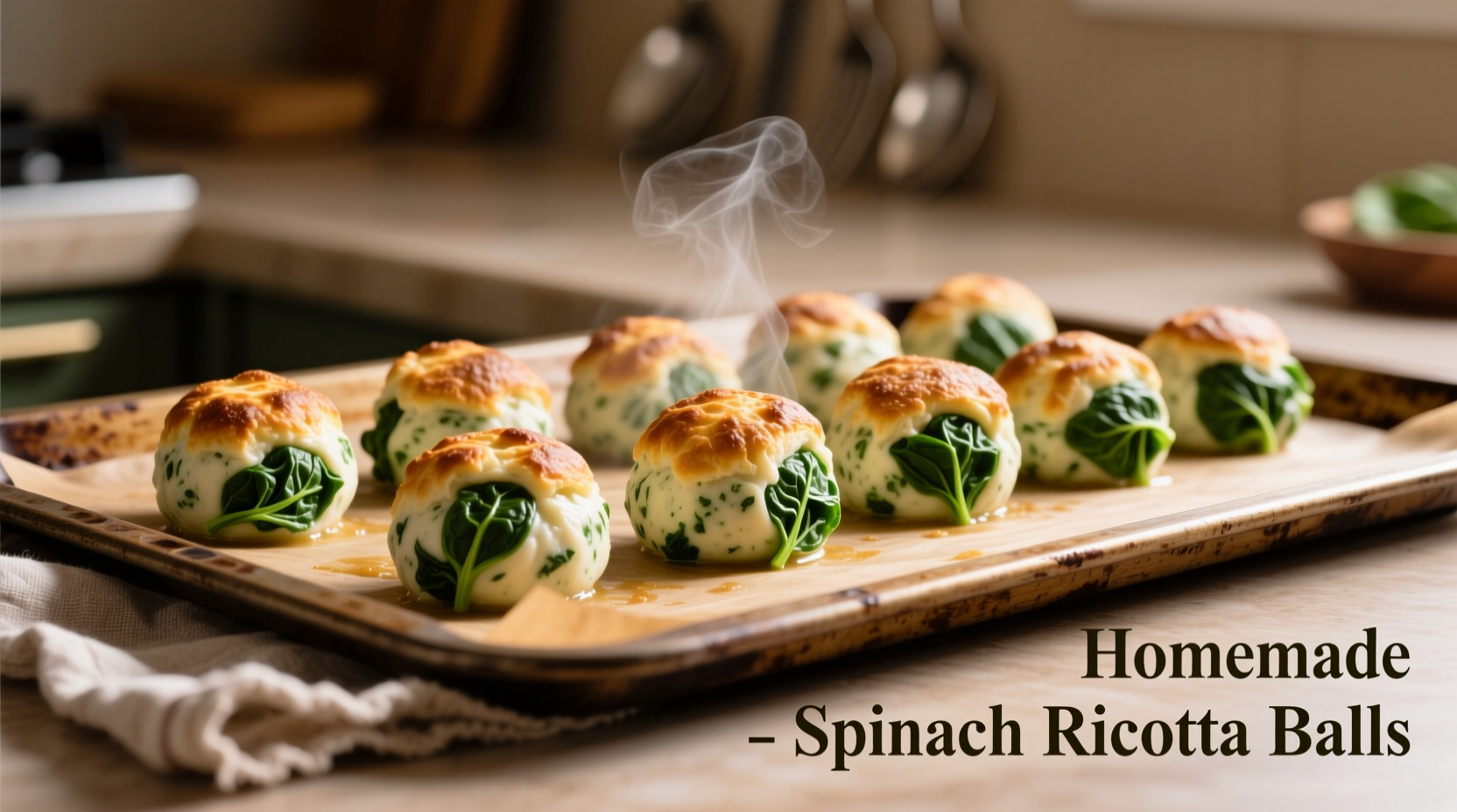 Perfectly formed spinach ricotta balls on baking sheet