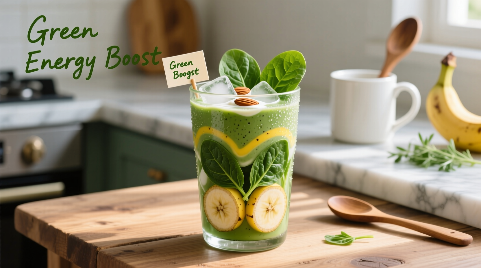 Fresh spinach banana shake in glass with ingredients