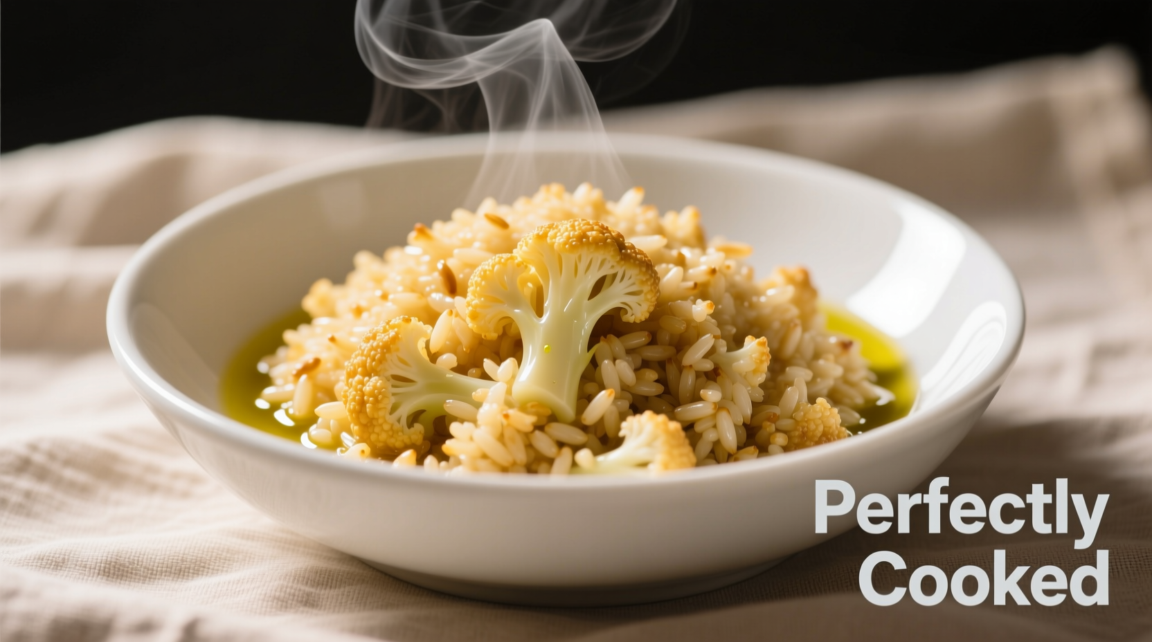 Perfectly cooked cauliflower rice in white bowl