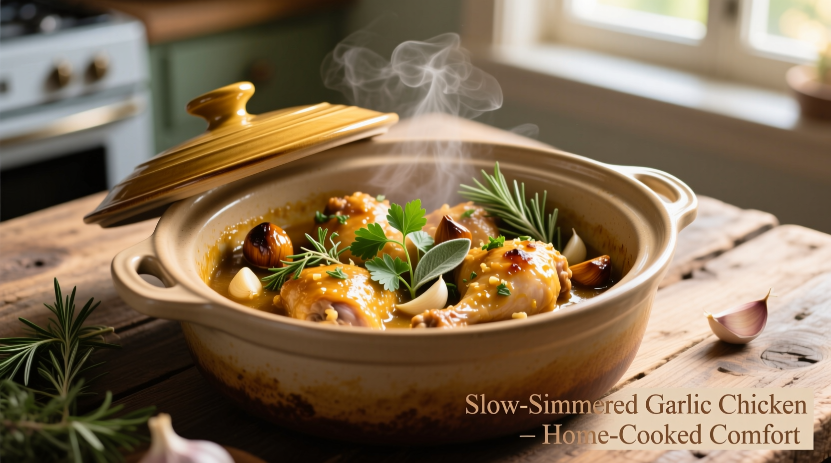 Golden crockpot garlic chicken with fresh herbs