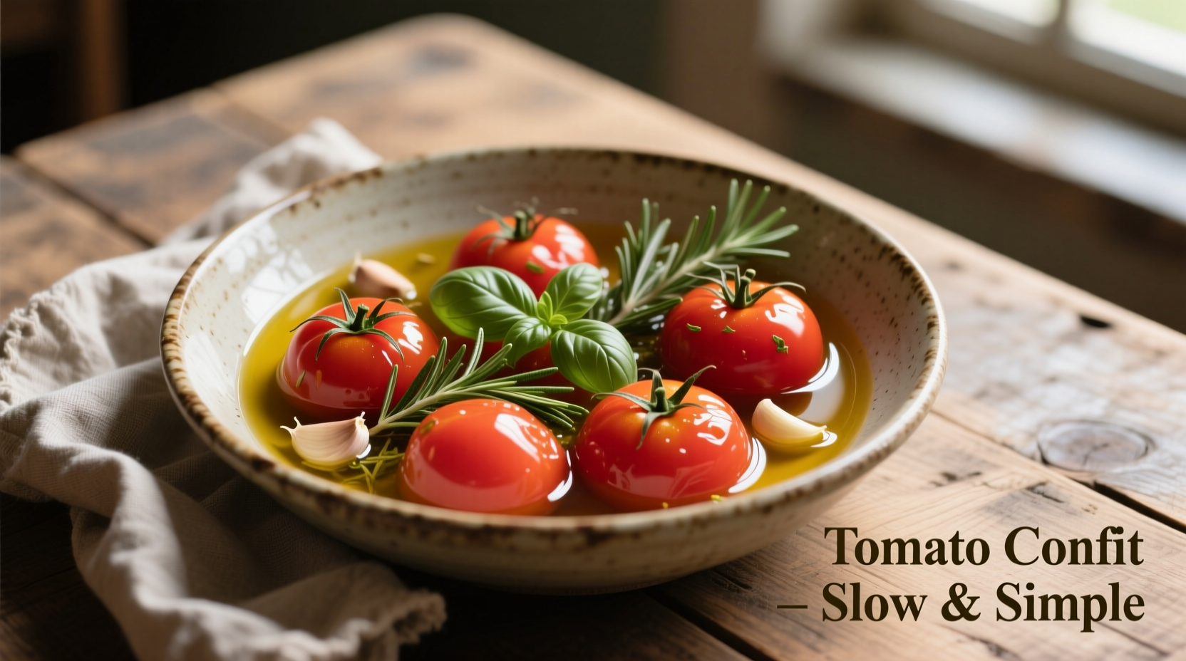 Fresh confit tomatoes in olive oil with herbs