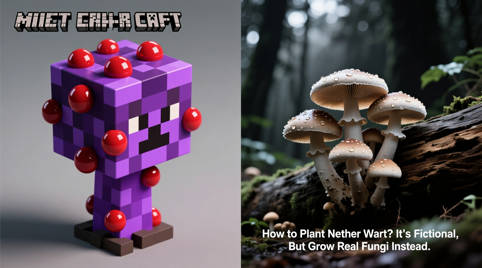 Side-by-side comparison: Minecraft nether wart block (purple stem with red bulbs) vs real oyster mushrooms growing on hardwood log
