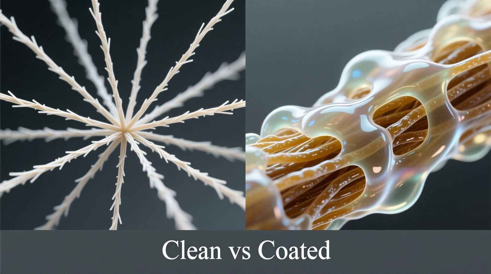 Side-by-side microscope images: left shows clean, open microfiber filaments; right shows same fibers densely coated with translucent, waxy softener residue