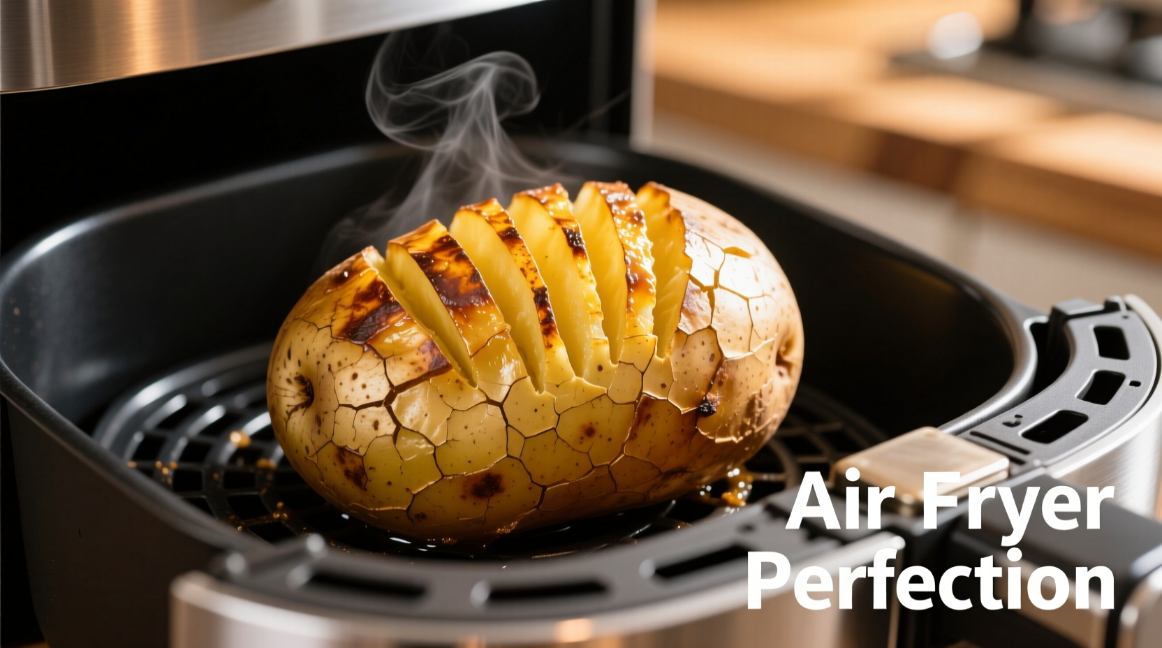 Perfectly baked russet potato with crispy skin in air fryer basket