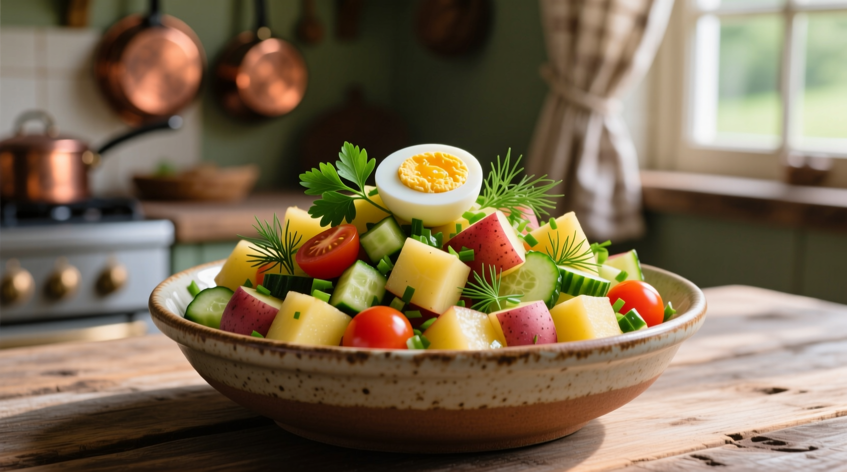 Colorful potato salad with fresh herbs and egg garnish
