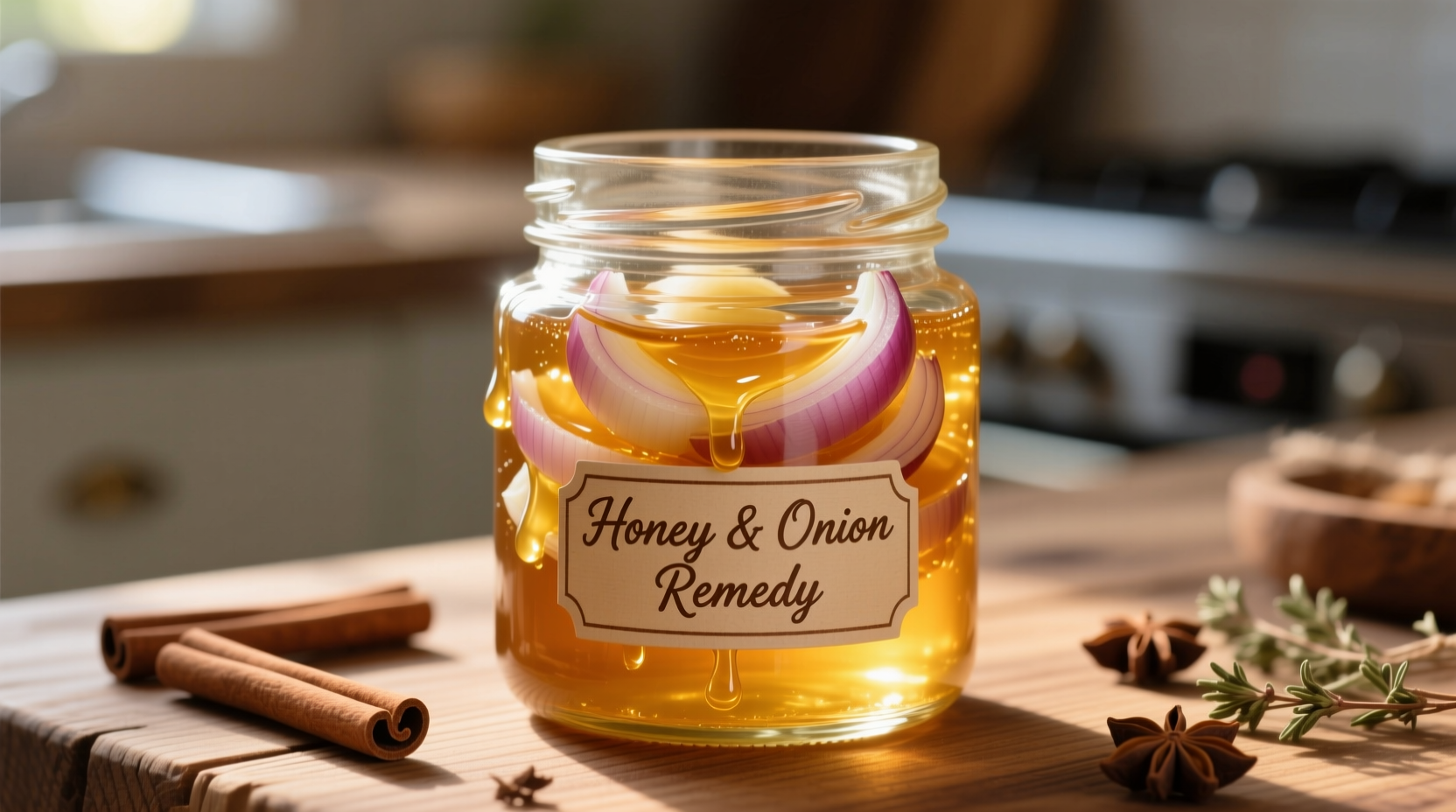 Honey and onion natural remedy in glass jar