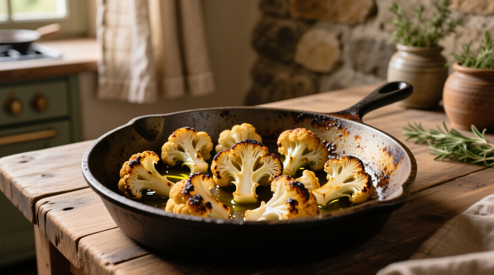 Golden-brown sauteed cauliflower in cast iron skillet