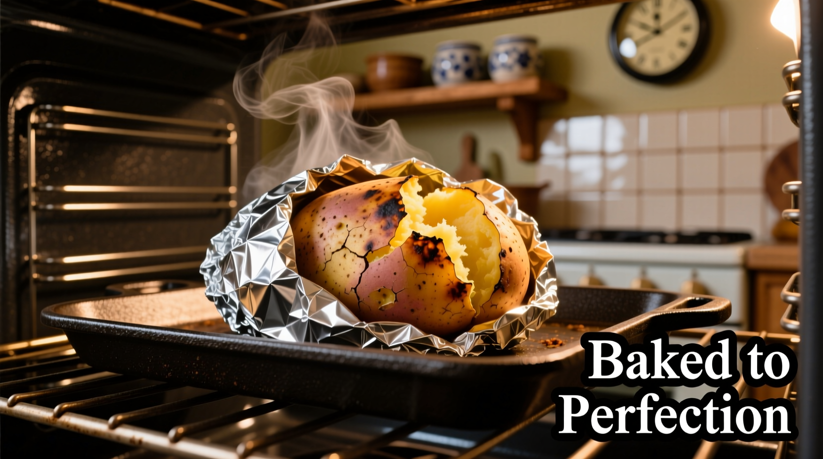 baked potato in oven wrapped in foil